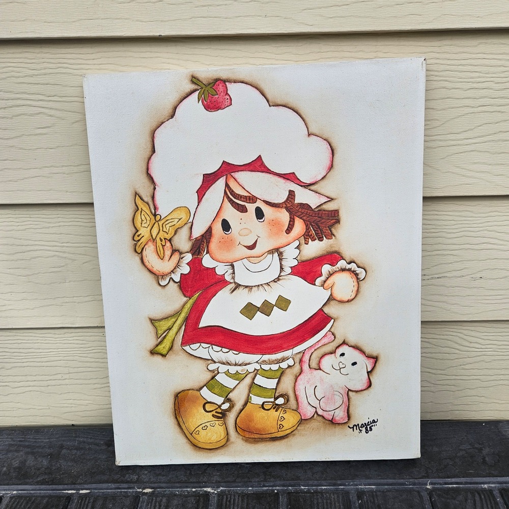 Vtg 1985 Marcia Hand Painted Canvas Art Strawberry Shortcake Butterfly Pink Cat